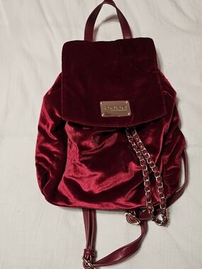 bebe Magenta Velvet Backpack with Chain Detail